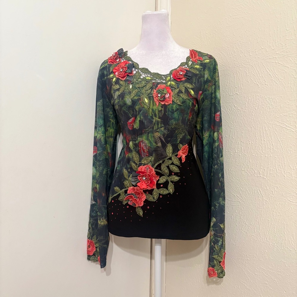 Green Floral Mesh Lace Leaf Applique Fairycore Whimsigoth Long Sleeve Top   L